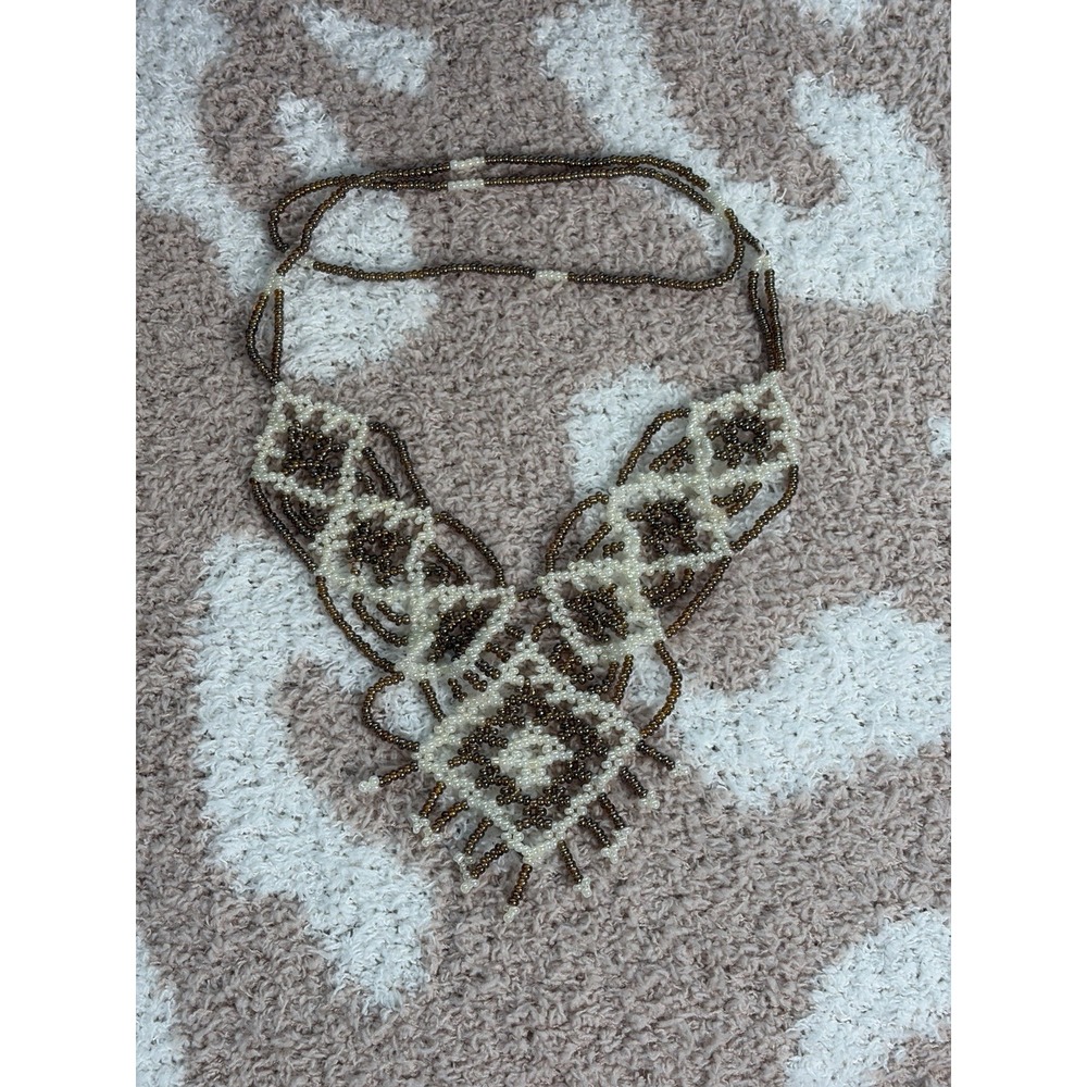 handcrafted beaded geometric collar necklace, cream and bronze seed beads
